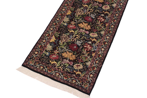 handmade Traditional Morris Black Red Hand Knotted RUNNER 100% WOOL area rug 3' x 8'
