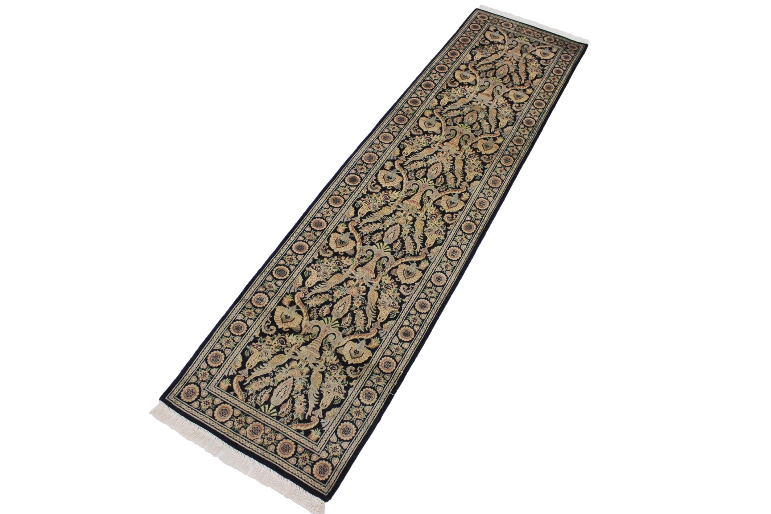 handmade Traditional Kashan Black Gray Hand Knotted RUNNER 100% WOOL area rug 3' x 10'