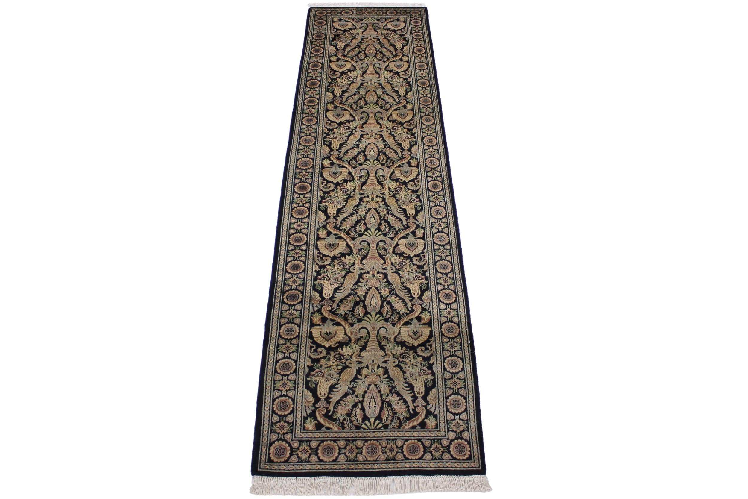 handmade Traditional Kashan Black Gray Hand Knotted RUNNER 100% WOOL area rug 3' x 10'