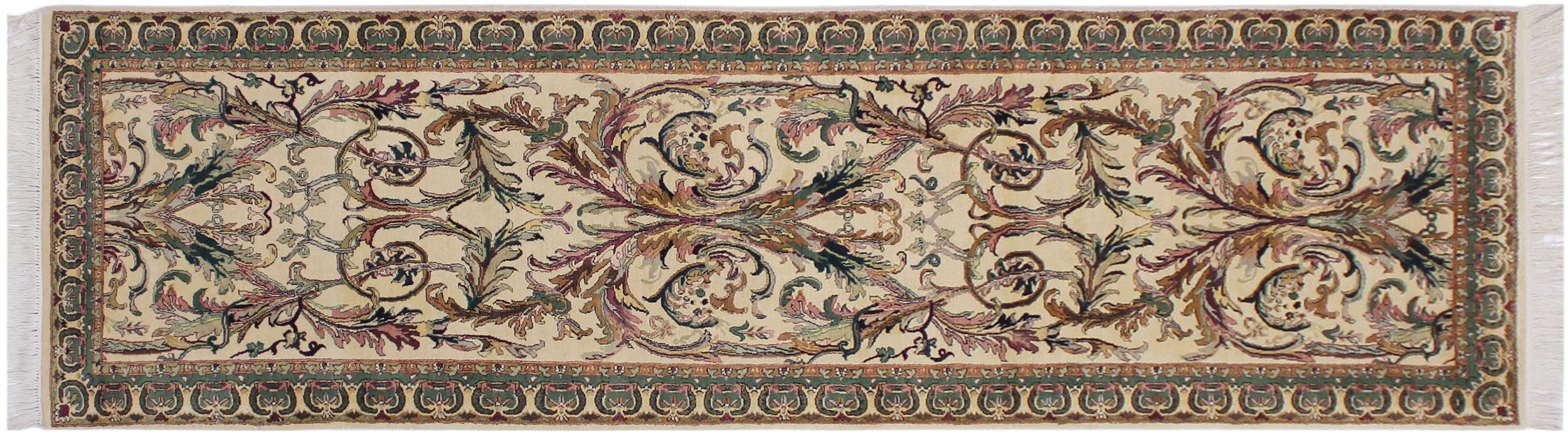 handmade Traditional Bhati Ivory Green Hand Knotted RUNNER 100% WOOL area rug 3' x 10'