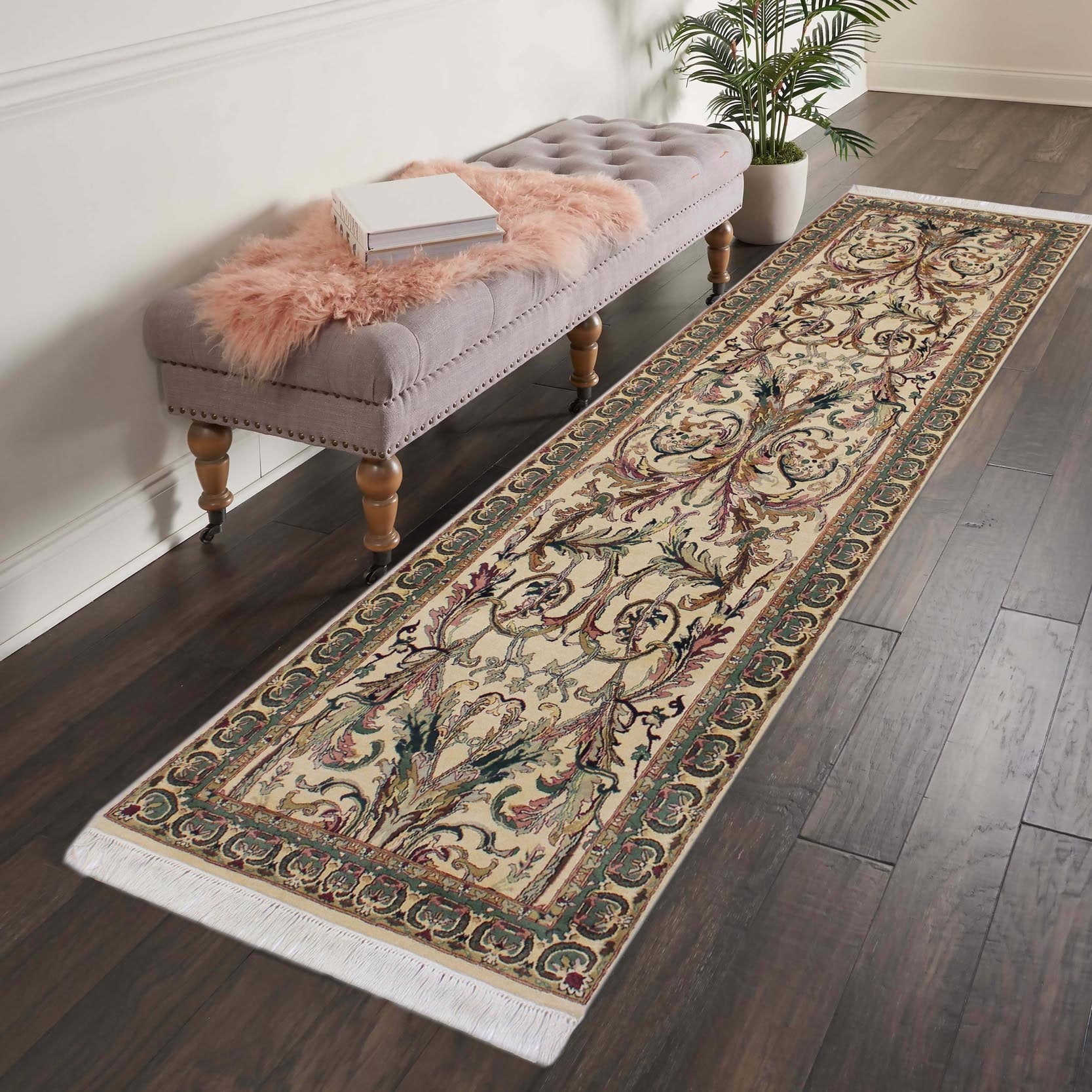 handmade Traditional Bhati Ivory Green Hand Knotted RUNNER 100% WOOL area rug 3' x 10'