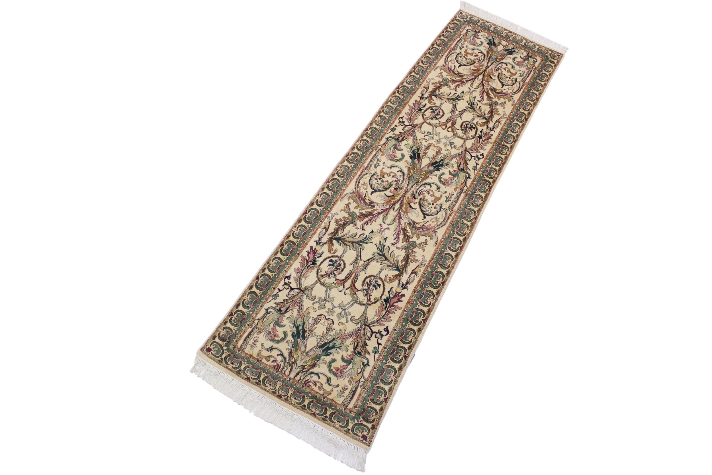 handmade Traditional Bhati Ivory Green Hand Knotted RUNNER 100% WOOL area rug 3' x 10'