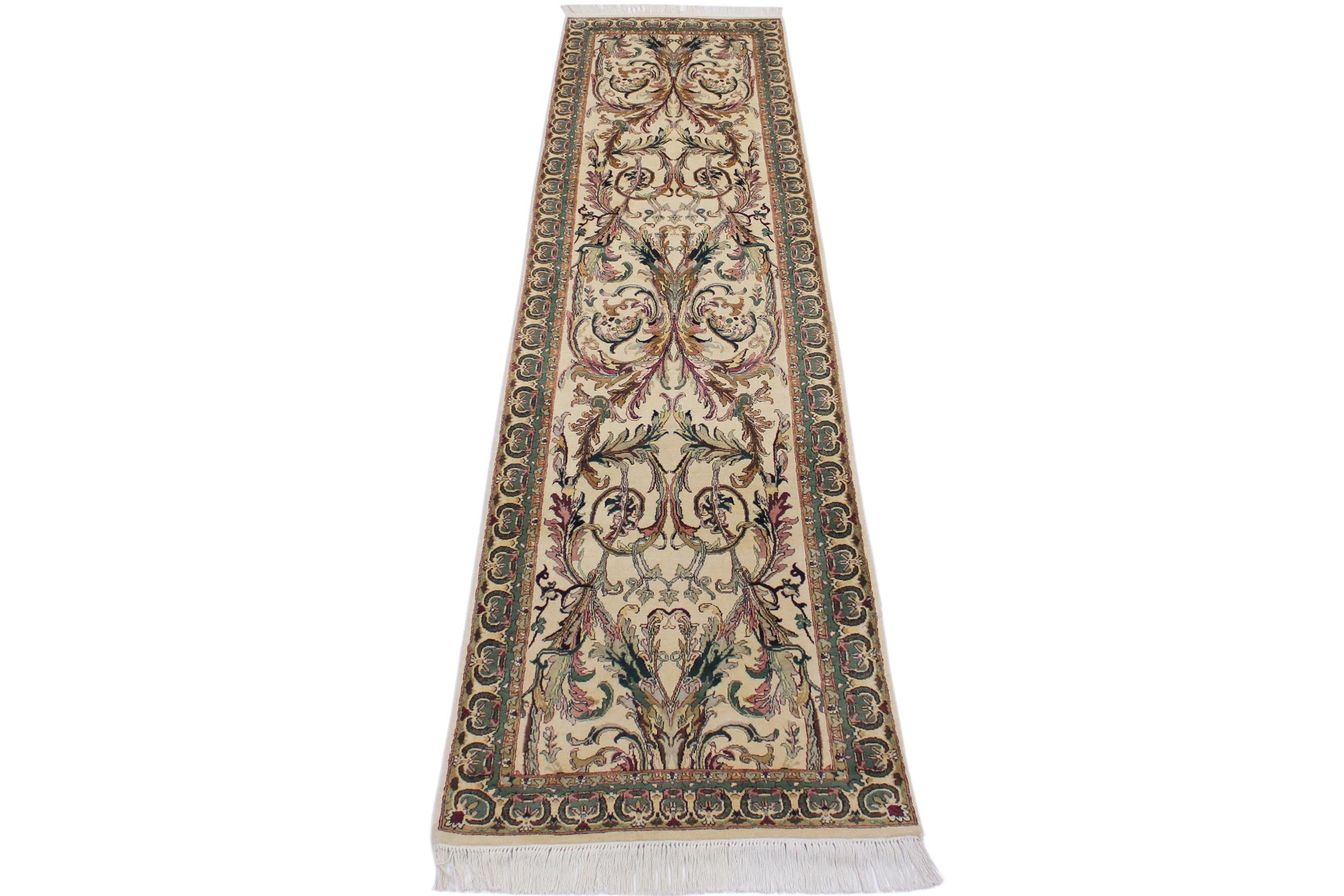 handmade Traditional Bhati Ivory Green Hand Knotted RUNNER 100% WOOL area rug 3' x 10'