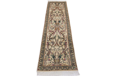 handmade Traditional Bhati Ivory Green Hand Knotted RUNNER 100% WOOL area rug 3' x 10'