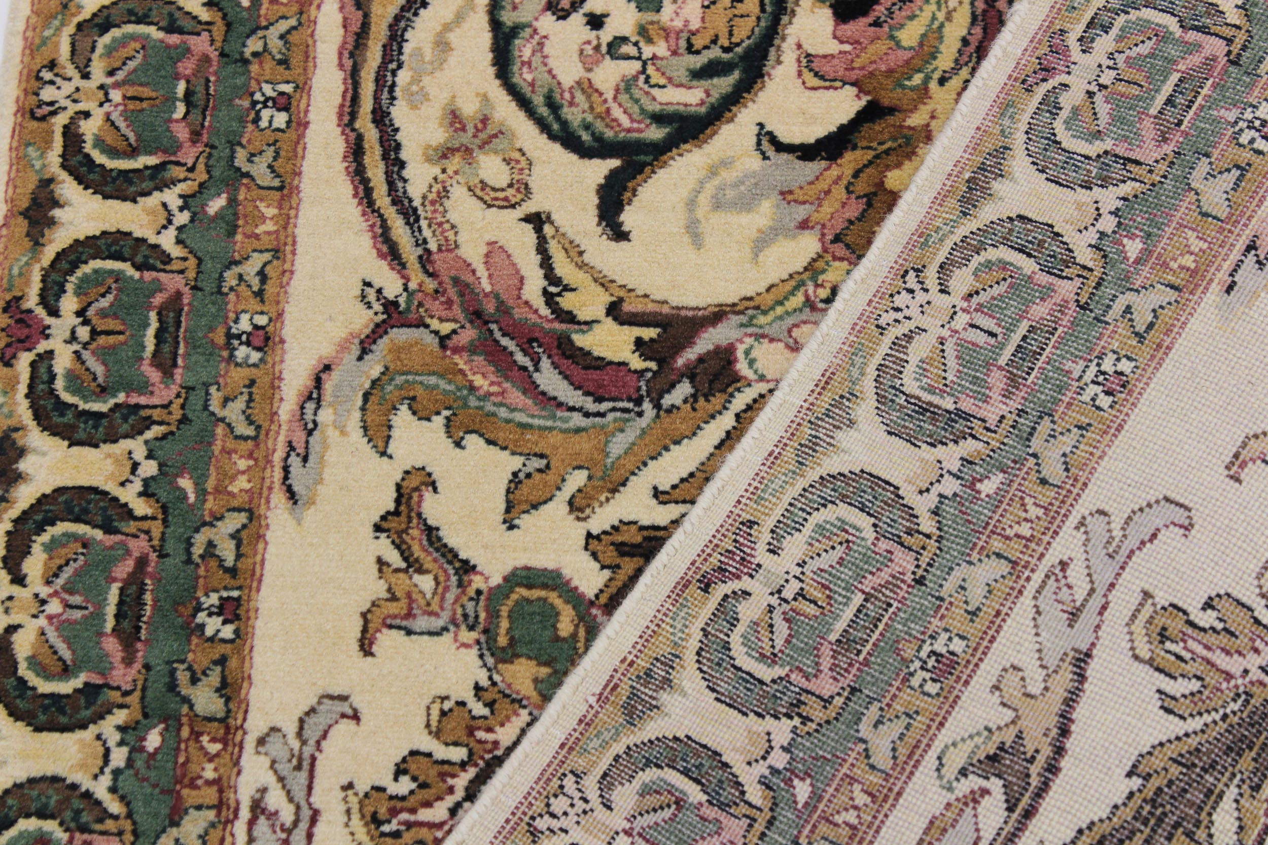 handmade Traditional Bhati Ivory Green Hand Knotted RUNNER 100% WOOL area rug 3' x 10'