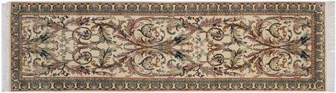 handmade Traditional Bhati Ivory Green Hand Knotted RUNNER 100% WOOL area rug 3' x 10'