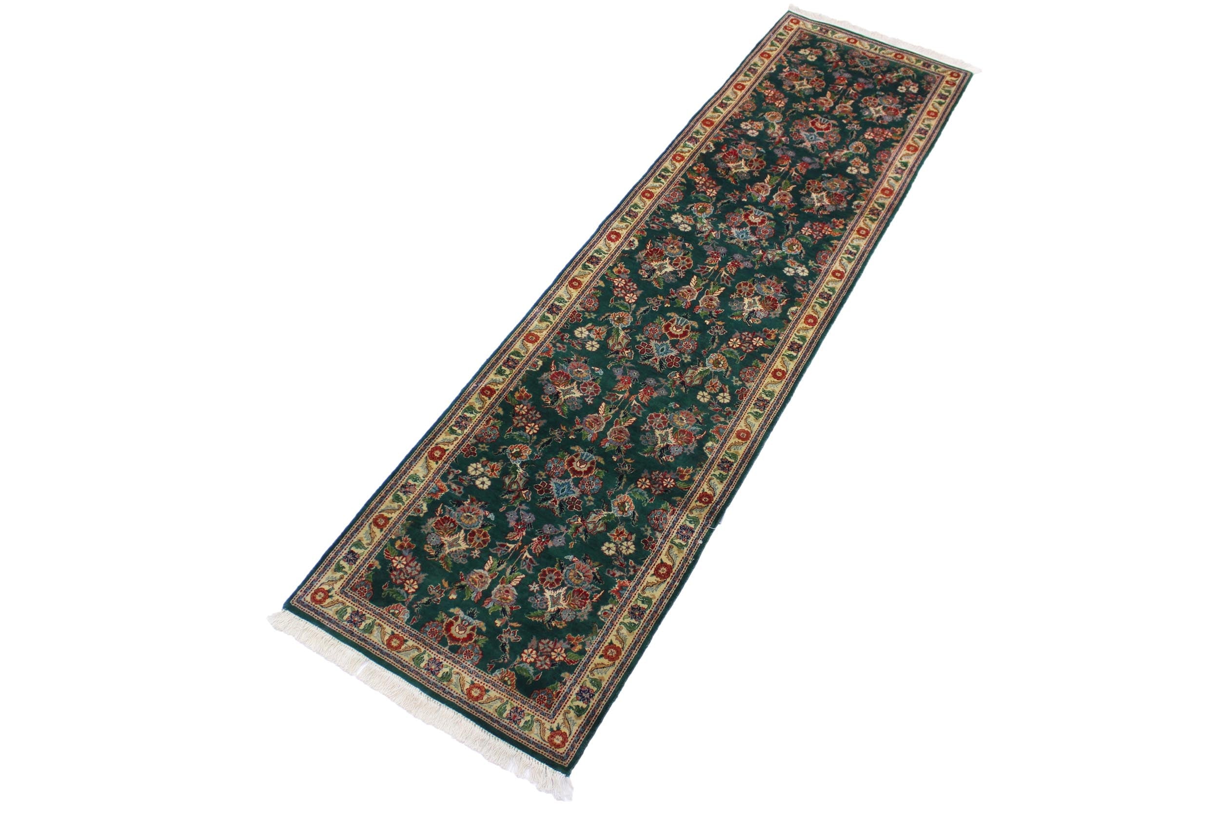 handmade Traditional Abusson Green Beige Hand Knotted RUNNER 100% WOOL area rug 3' x 10'