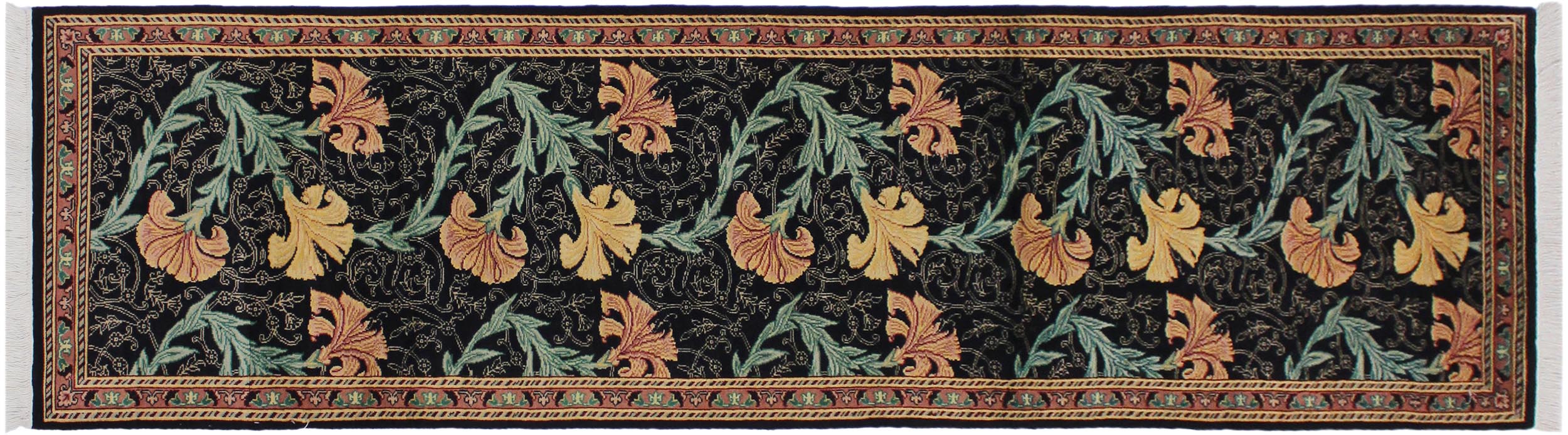 handmade Traditional Carnation Black Pink Hand Knotted RUNNER 100% WOOL area rug 3' x 10'