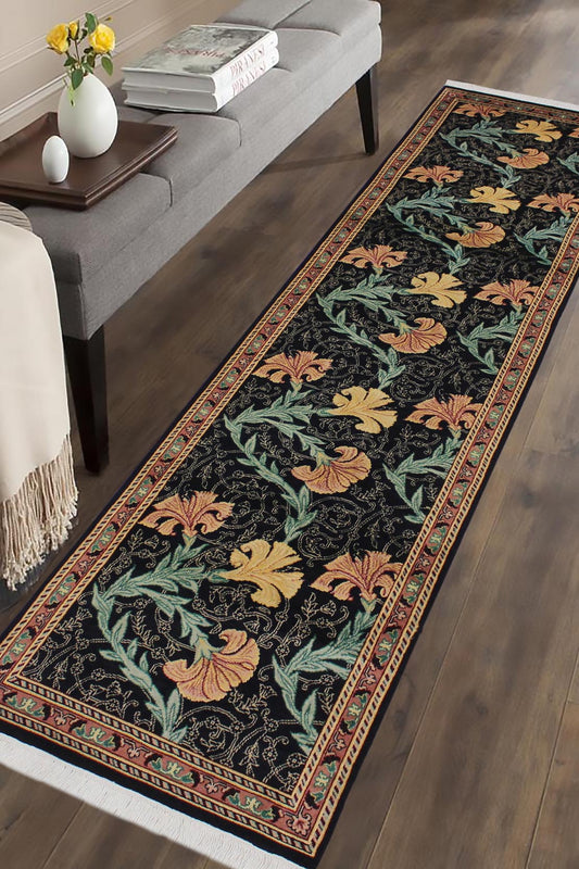 handmade Traditional Carnation Black Pink Hand Knotted RUNNER 100% WOOL area rug 3' x 10'