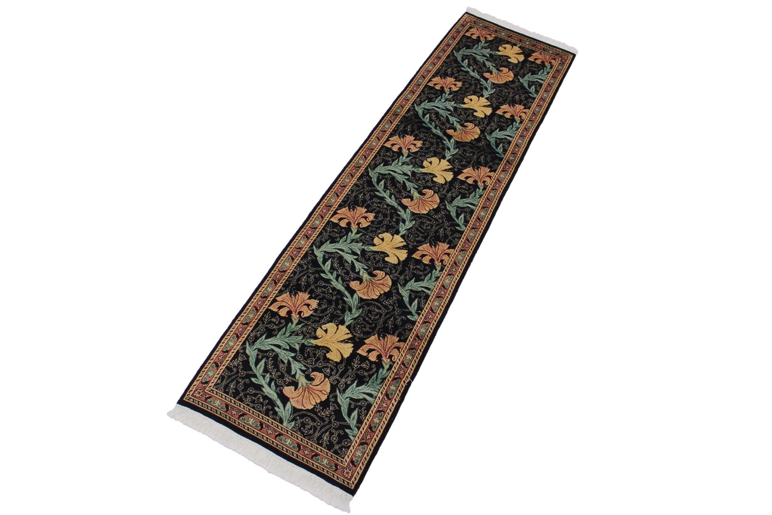 handmade Traditional Carnation Black Pink Hand Knotted RUNNER 100% WOOL area rug 3' x 10'