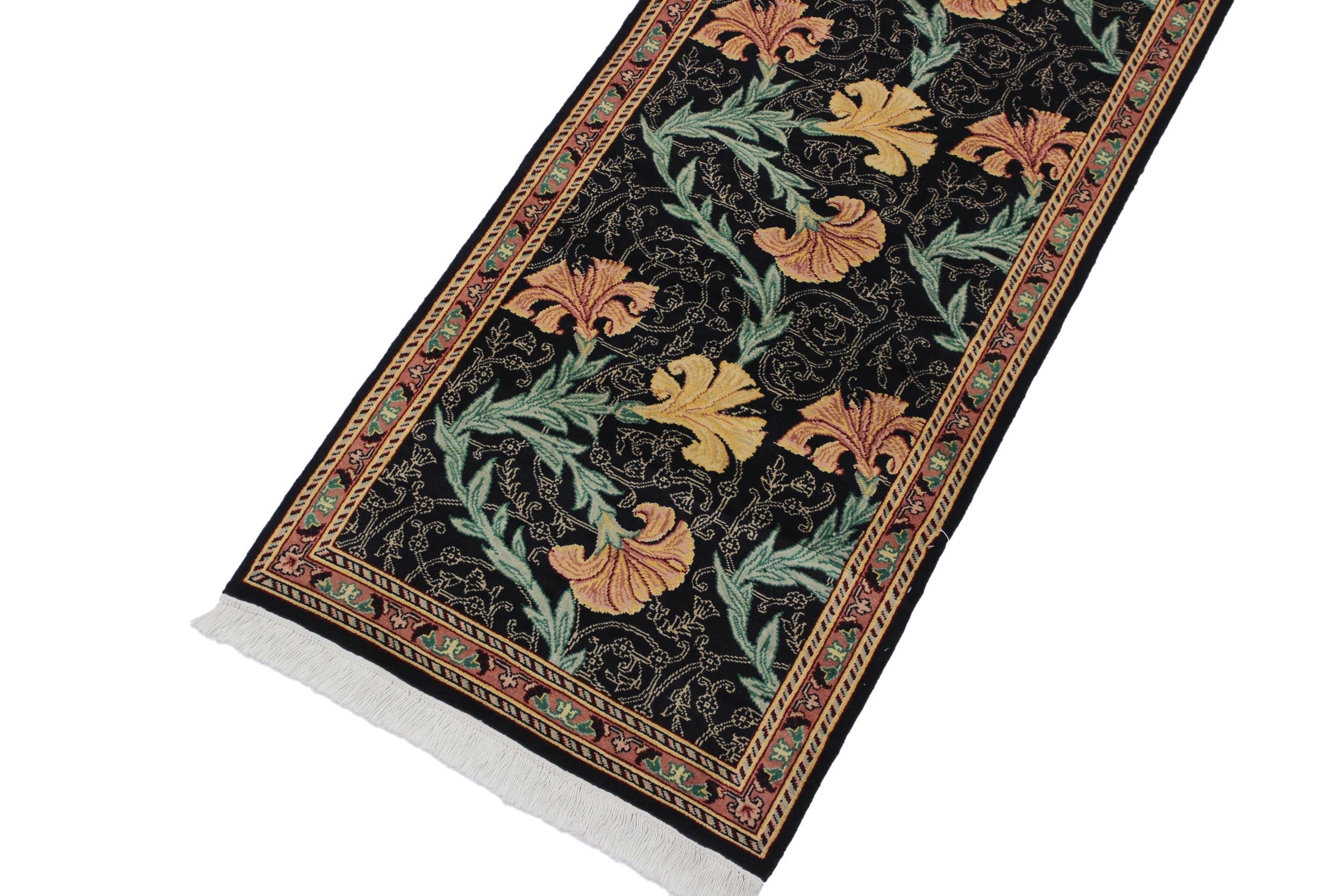 handmade Traditional Carnation Black Pink Hand Knotted RUNNER 100% WOOL area rug 3' x 10'