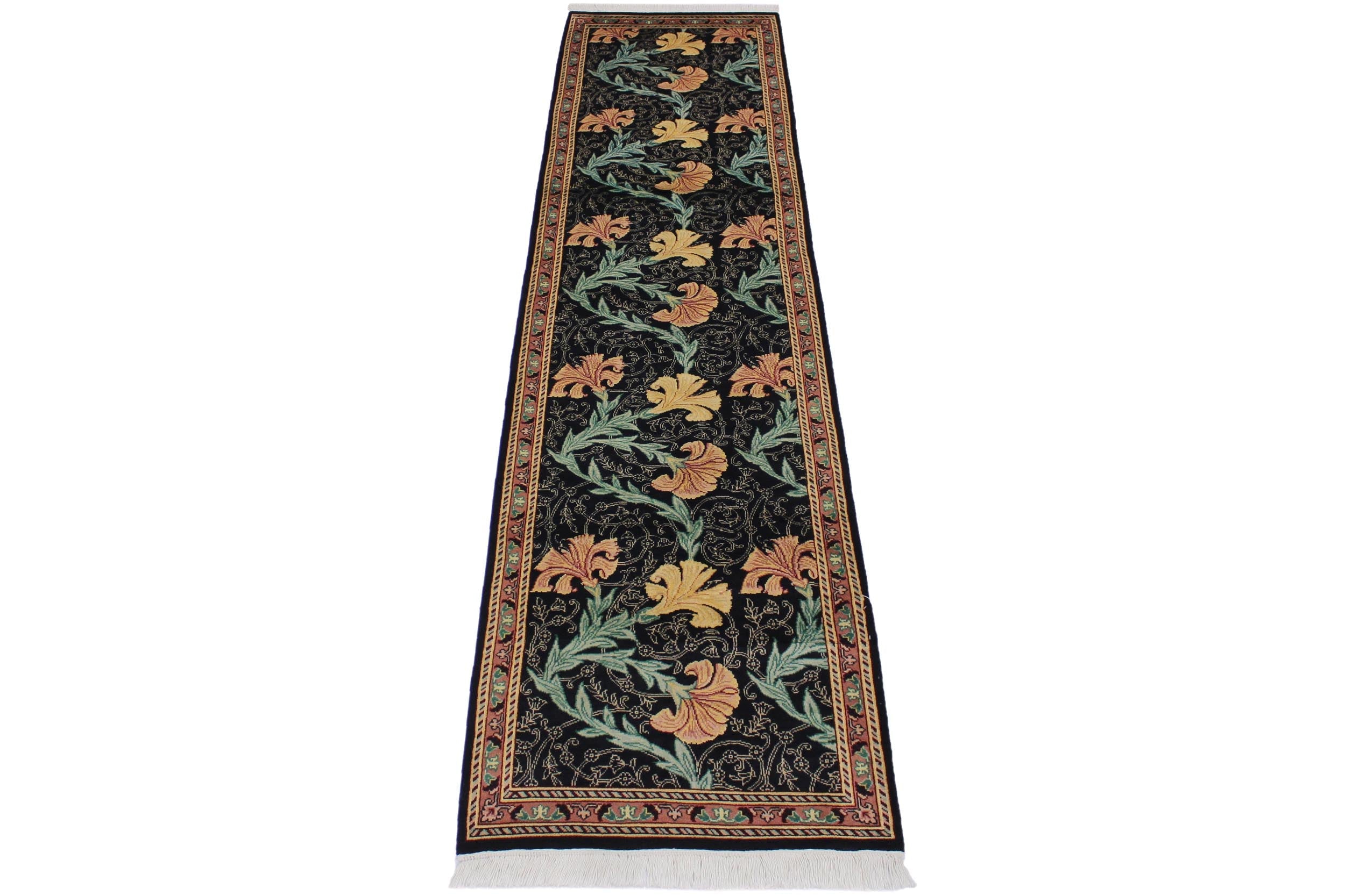 handmade Traditional Carnation Black Pink Hand Knotted RUNNER 100% WOOL area rug 3' x 10'