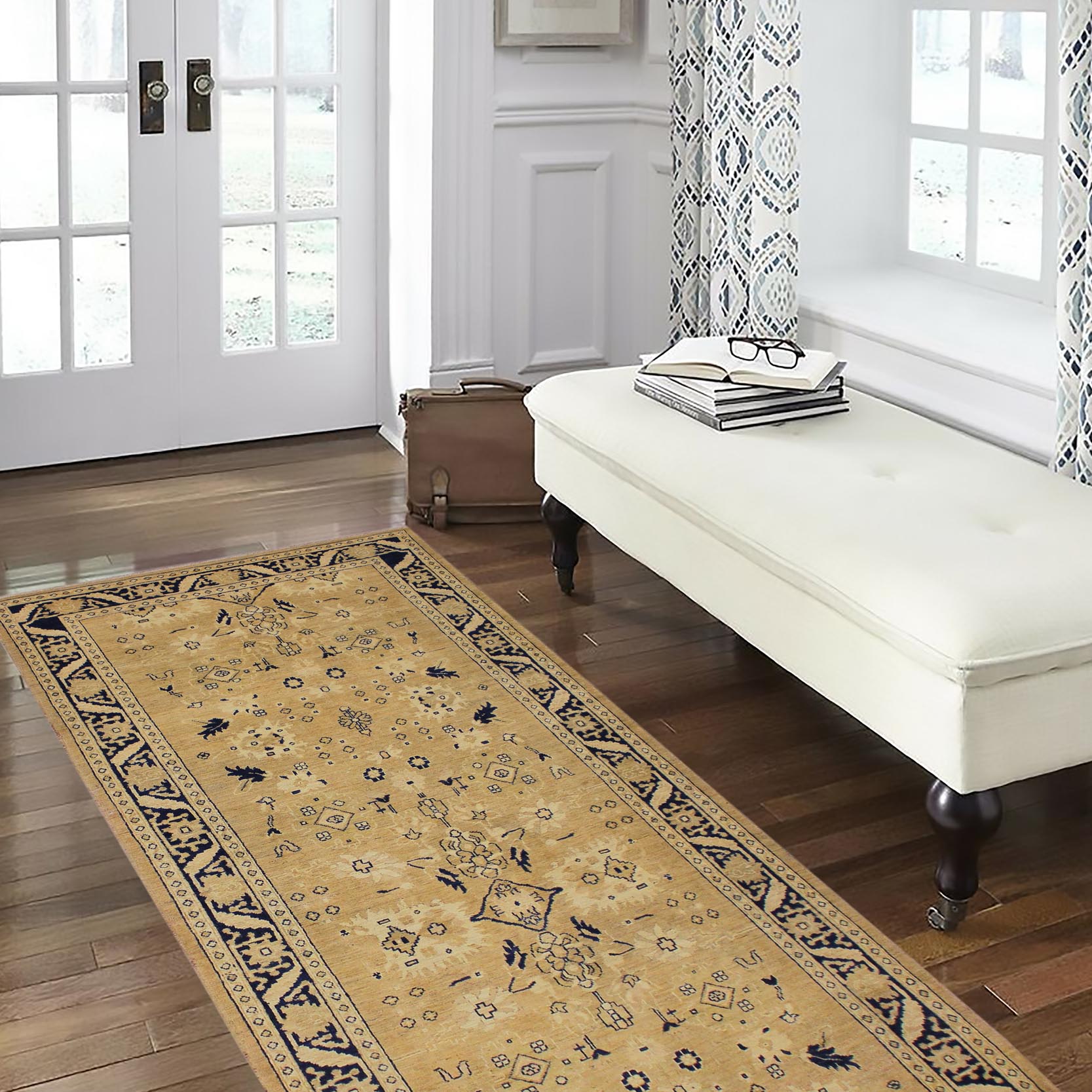 handmade Transitional Kafkaz Gold Blue Hand Knotted RUNNER 100% WOOL area rug 4' x 12'
