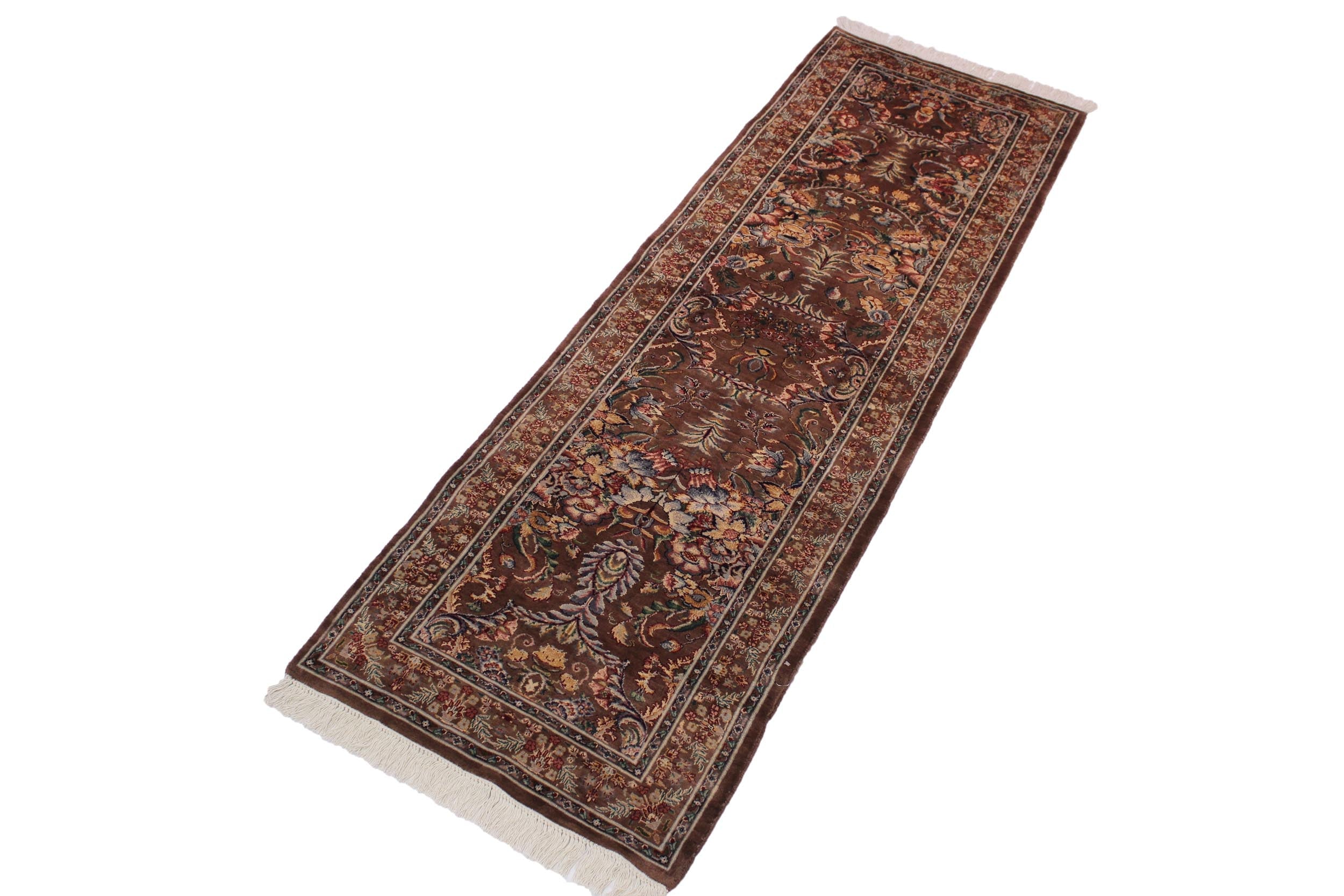 handmade Traditional Gulab Brown Blue Hand Knotted RUNNER 100% WOOL area rug 3' x 8'