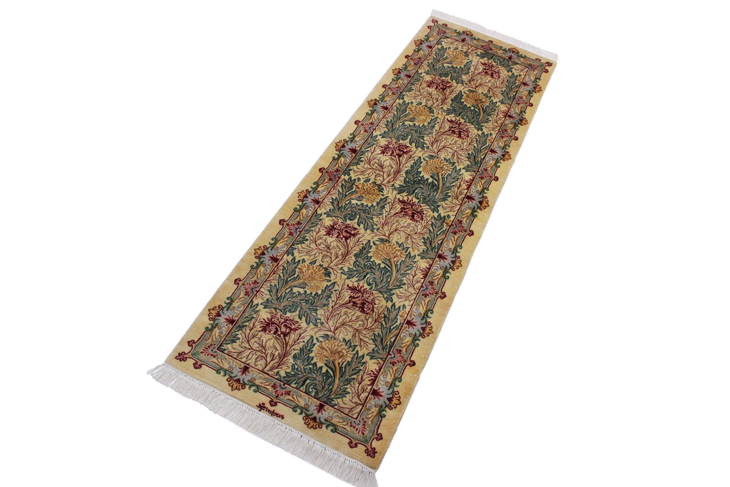 handmade Traditional Tulip Beige Gold Hand Knotted RUNNER 100% WOOL area rug 3' x 8'