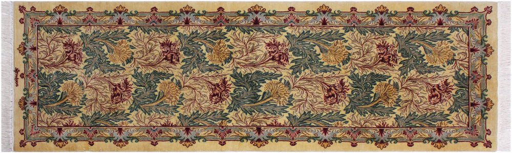 handmade Traditional Tulip Beige Gold Hand Knotted RUNNER 100% WOOL area rug 3' x 8'