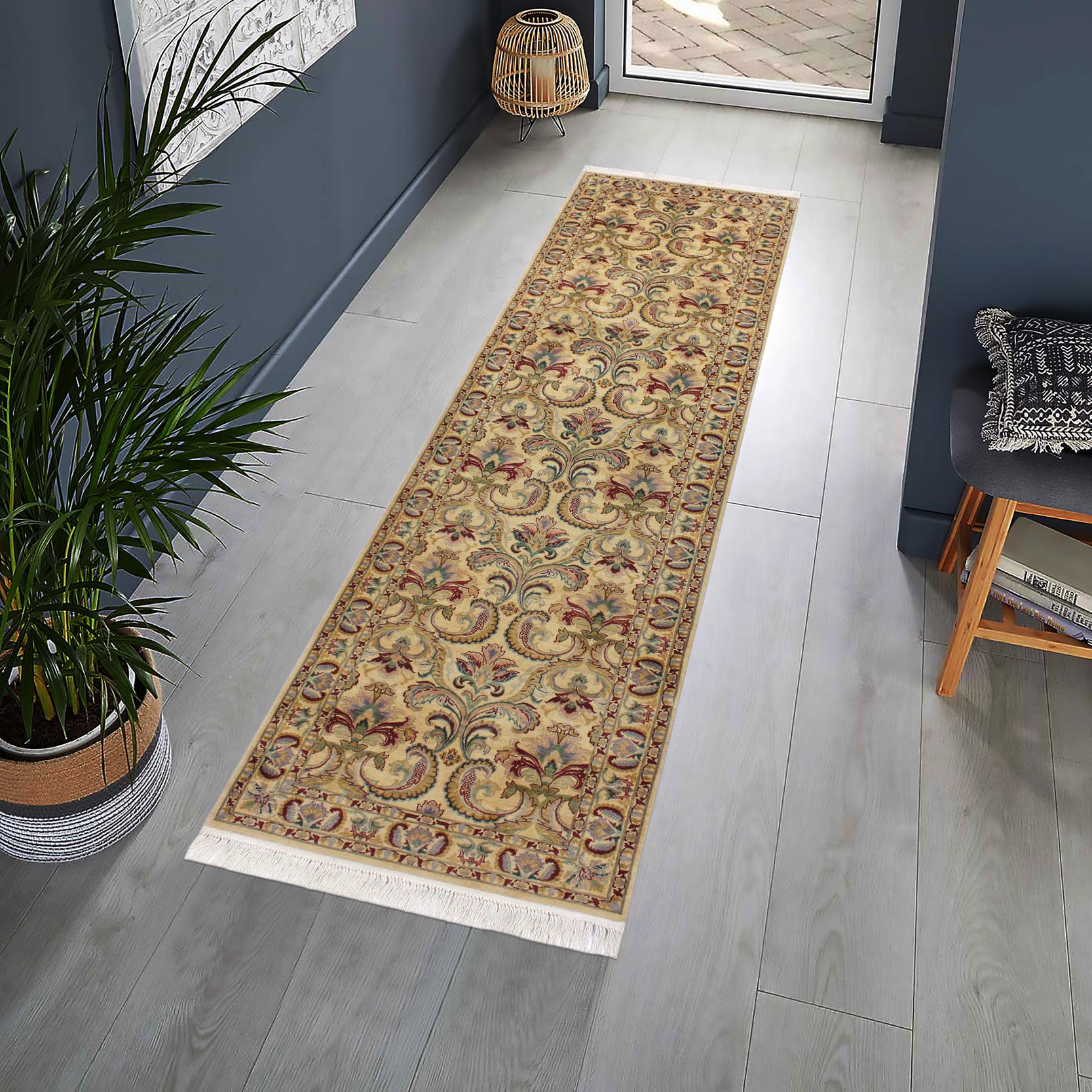 handmade Traditional Farhad Beige Gold Hand Knotted RUNNER 100% WOOL area rug 3' x 10'