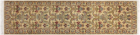 handmade Traditional Farhad Beige Gold Hand Knotted RUNNER 100% WOOL area rug 3' x 10'