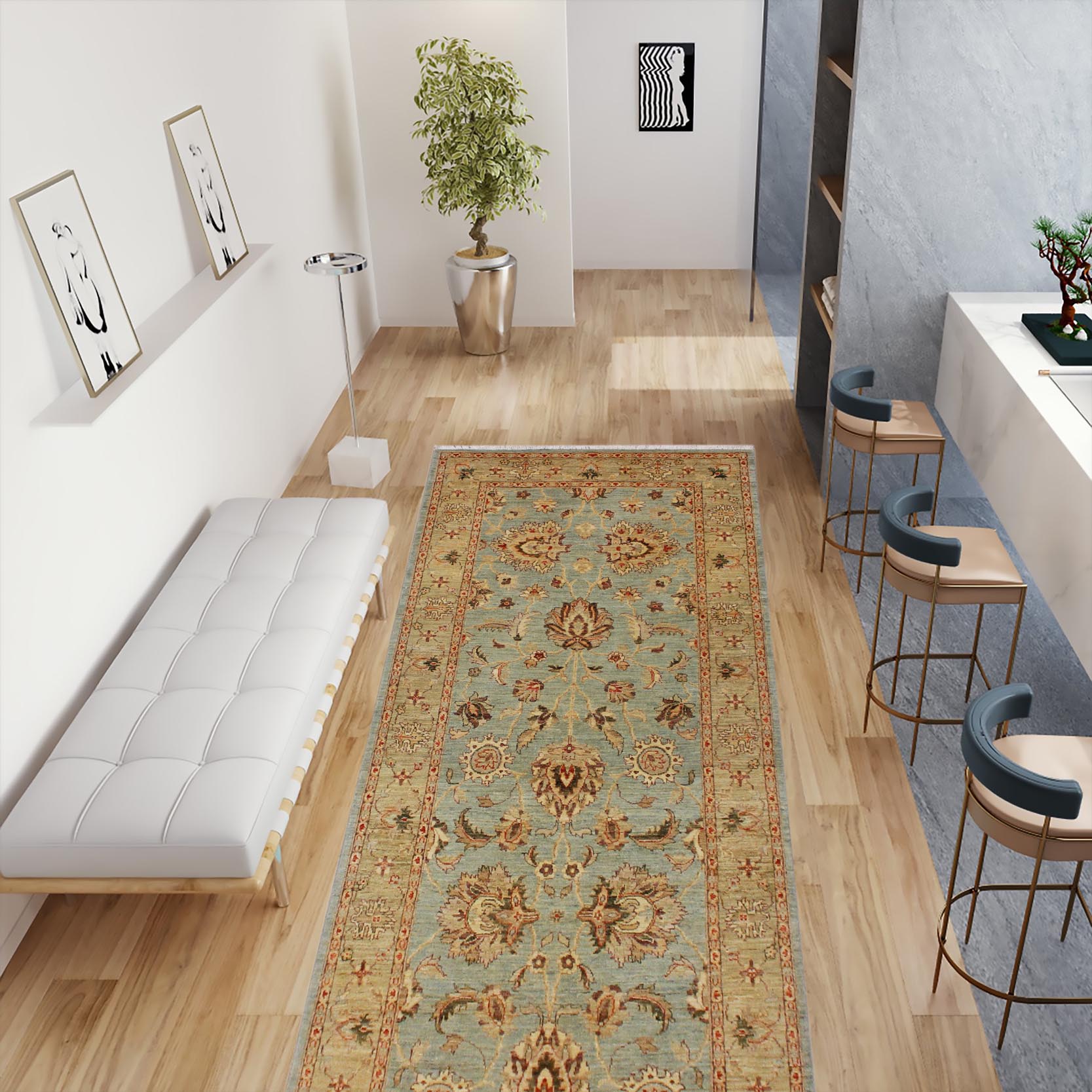 handmade Traditional Kafkaz Lt. Blue Lt. Green Hand Knotted RUNNER 100% WOOL area rug 4' x 12'