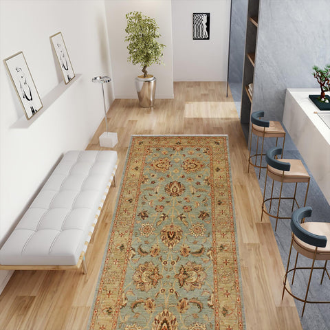 handmade Traditional Kafkaz Lt. Blue Lt. Green Hand Knotted RUNNER 100% WOOL area rug 4' x 12'