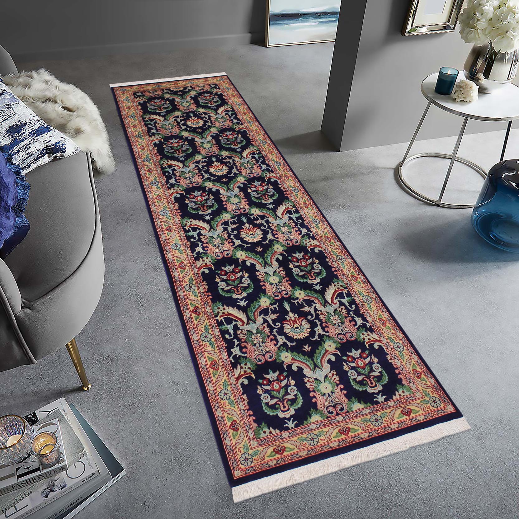 handmade Traditional Kashan Blue Gold Hand Knotted RUNNER 100% WOOL area rug 3' x 10'