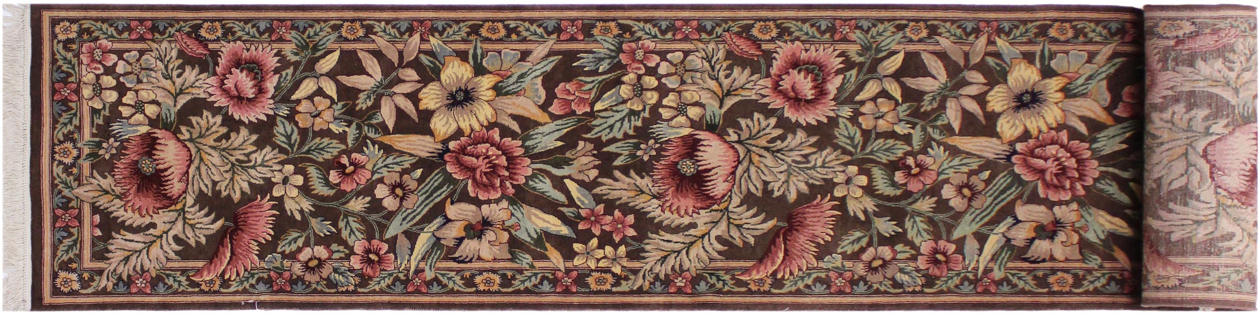 handmade Traditional Gulzar Brown Pink Hand Knotted RUNNER 100% WOOL area rug 3' x 13'