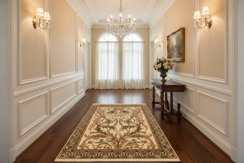 handmade Transitional Bhati Ivory Green Hand Knotted RECTANGLE 100% WOOL area rug 4x7
