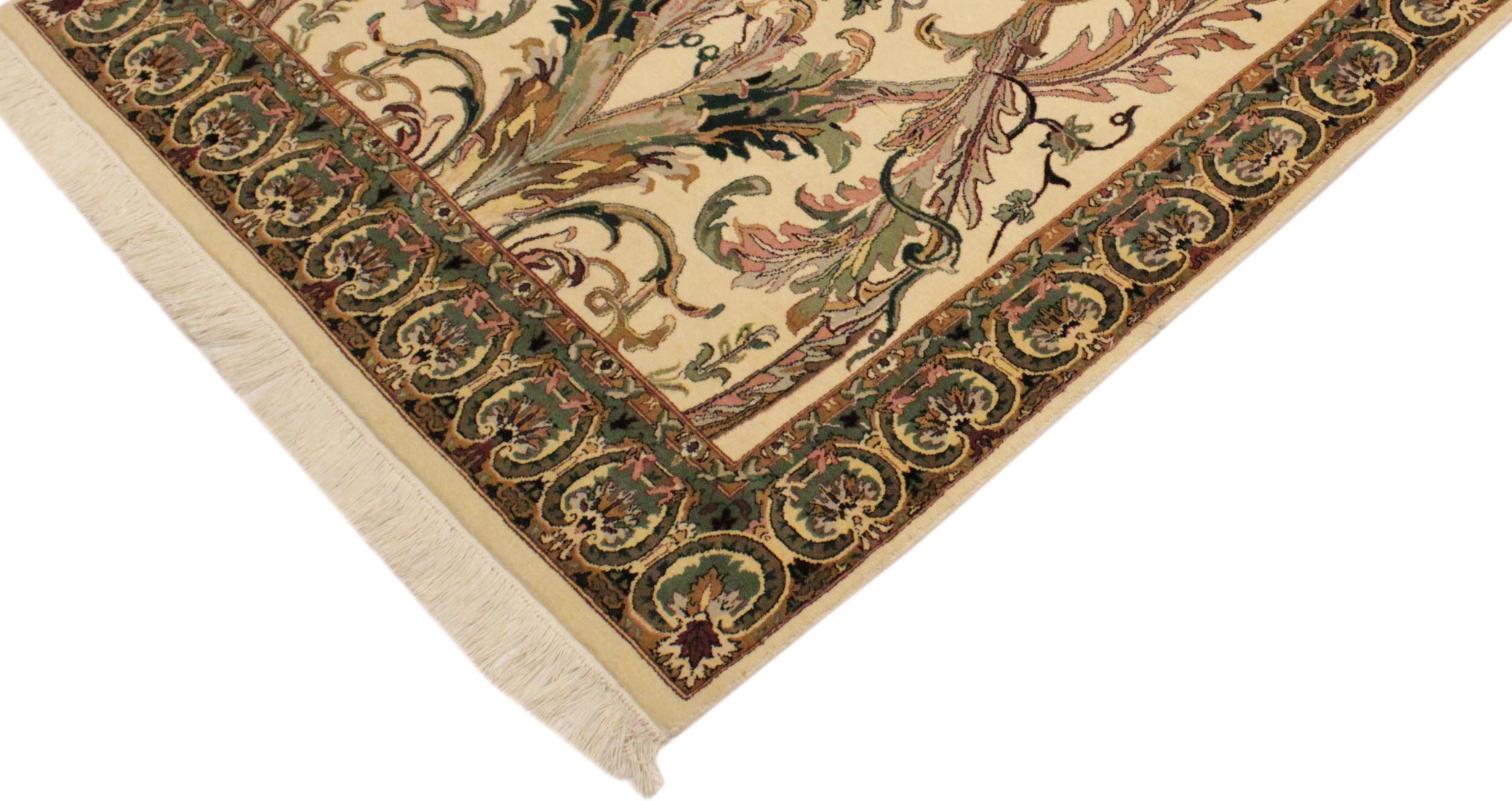 handmade Transitional Bhati Ivory Green Hand Knotted RECTANGLE 100% WOOL area rug 4x7