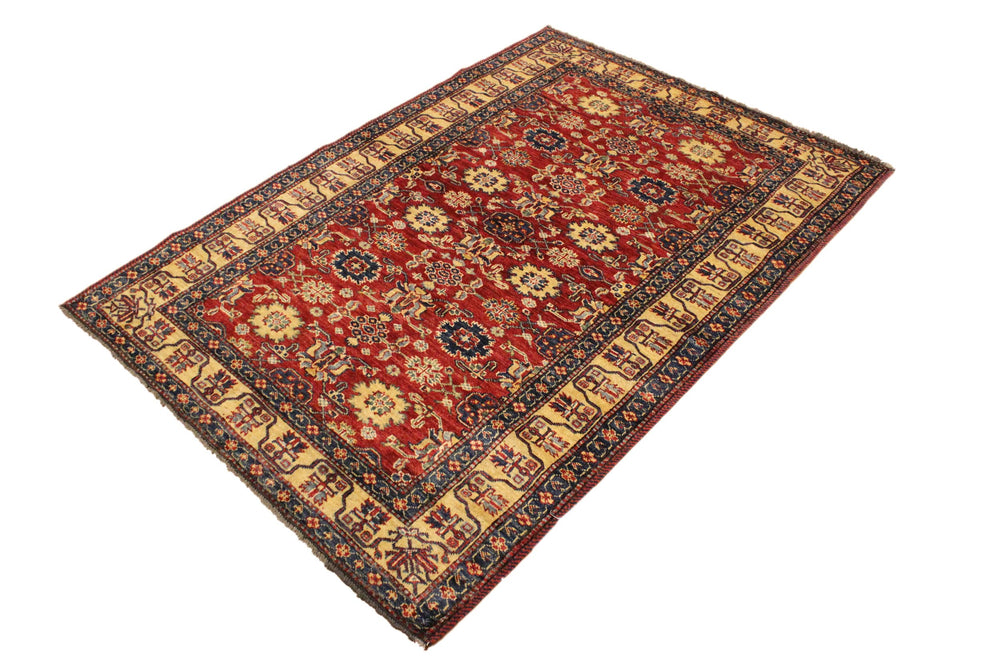 handmade Geometric Super Kazak Red Beige Hand Knotted RECTANGLE 100% WOOL area rug 4' x 6'