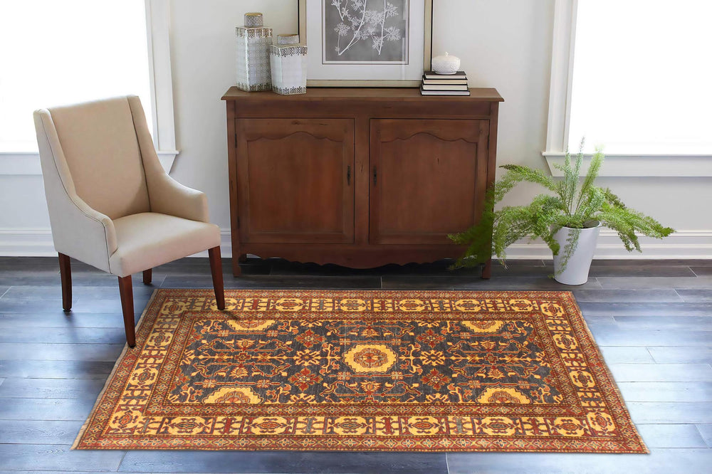 handmade Geometric Super Kazak Blue Gold Hand Knotted RECTANGLE 100% WOOL area rug 4' x 6'