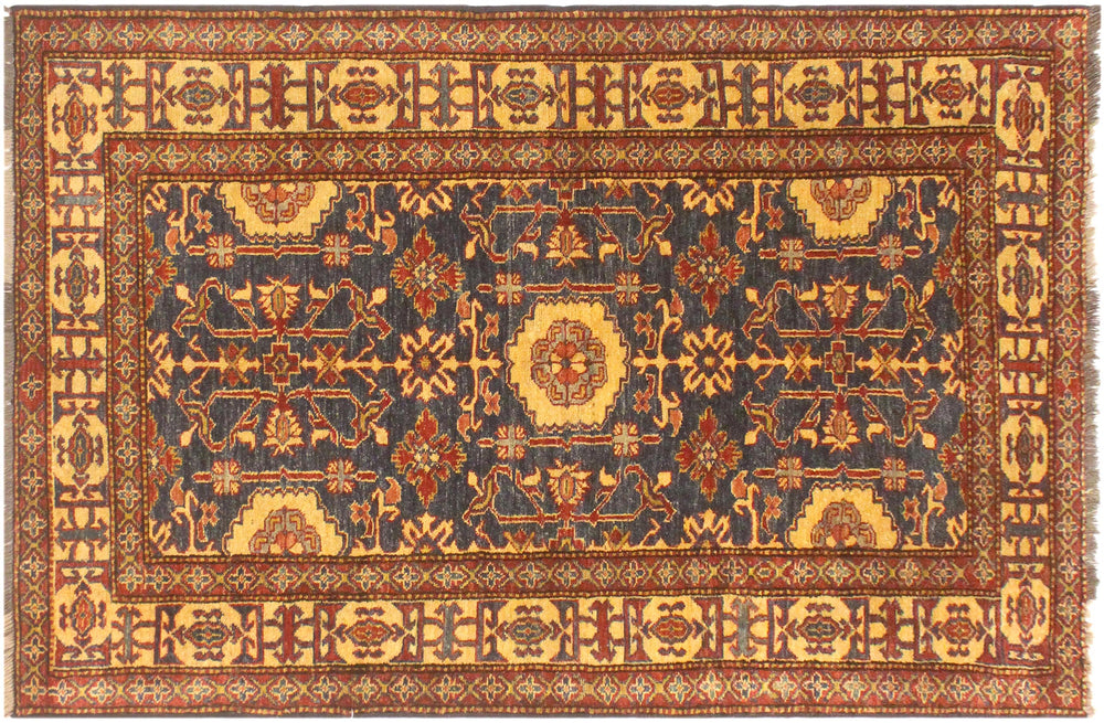 handmade Geometric Super Kazak Blue Gold Hand Knotted RECTANGLE 100% WOOL area rug 4' x 6'
