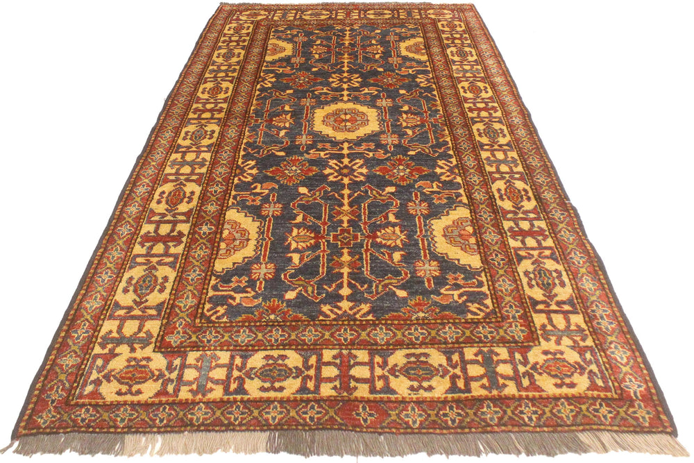 handmade Geometric Super Kazak Blue Gold Hand Knotted RECTANGLE 100% WOOL area rug 4' x 6'