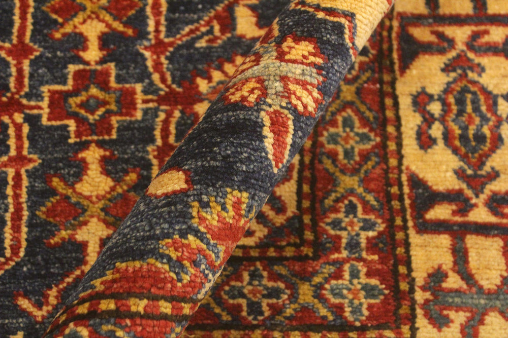 handmade Geometric Super Kazak Blue Gold Hand Knotted RECTANGLE 100% WOOL area rug 4' x 6'