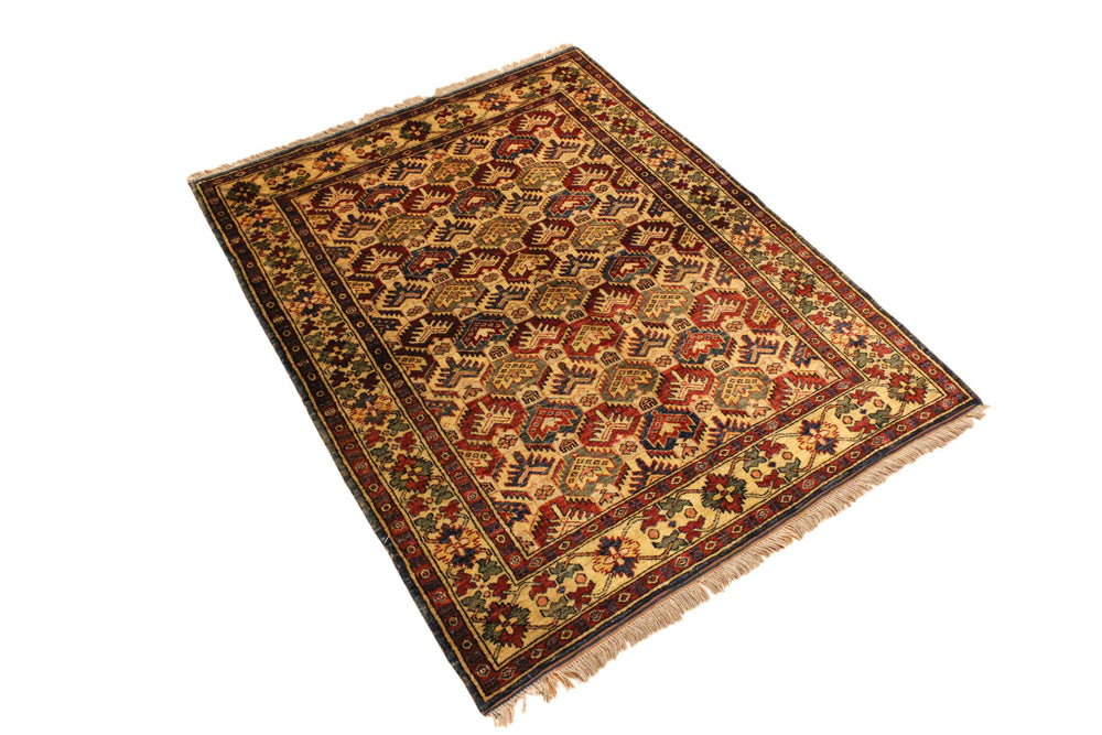 handmade Geometric Super Kazak Gold Blue Hand Knotted RECTANGLE 100% WOOL area rug 4' x 6'