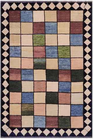 Modern Gabbeh Geri Beige/Black Wool Rug - 4'0'' x 5'4''