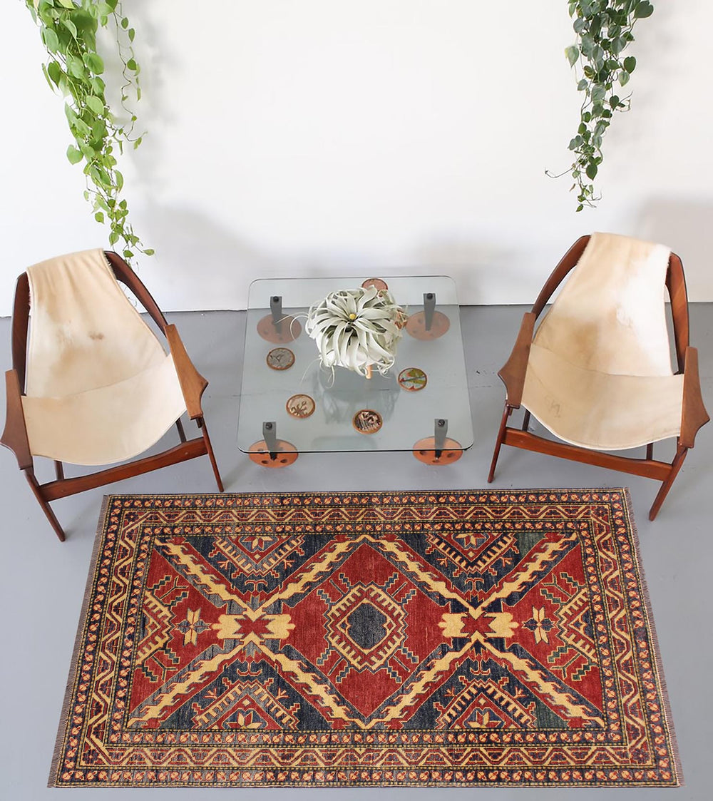 handmade Geometric Super Kazak Red Beige Hand Knotted RECTANGLE 100% WOOL area rug 4' x 6'