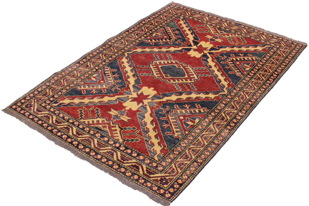 handmade Geometric Super Kazak Red Beige Hand Knotted RECTANGLE 100% WOOL area rug 4' x 6'