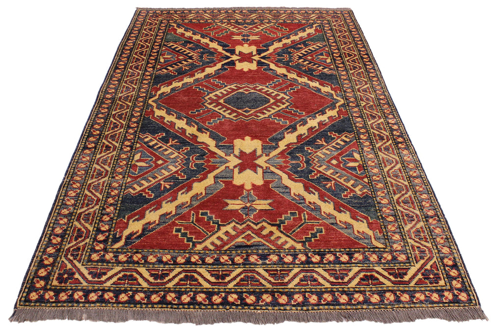 handmade Geometric Super Kazak Red Beige Hand Knotted RECTANGLE 100% WOOL area rug 4' x 6'