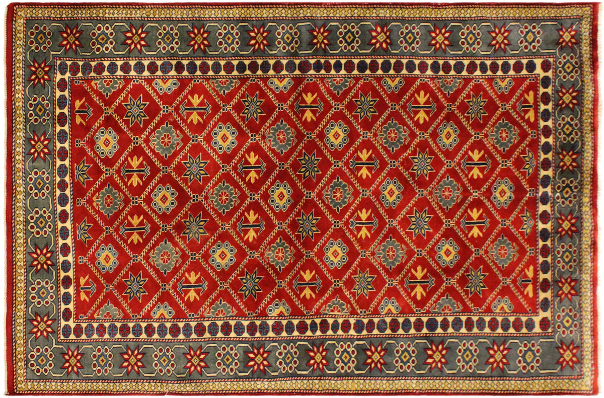4x6 hand knotted Shirwan wool rug in red and gray - Crimson Shirwan Chieko