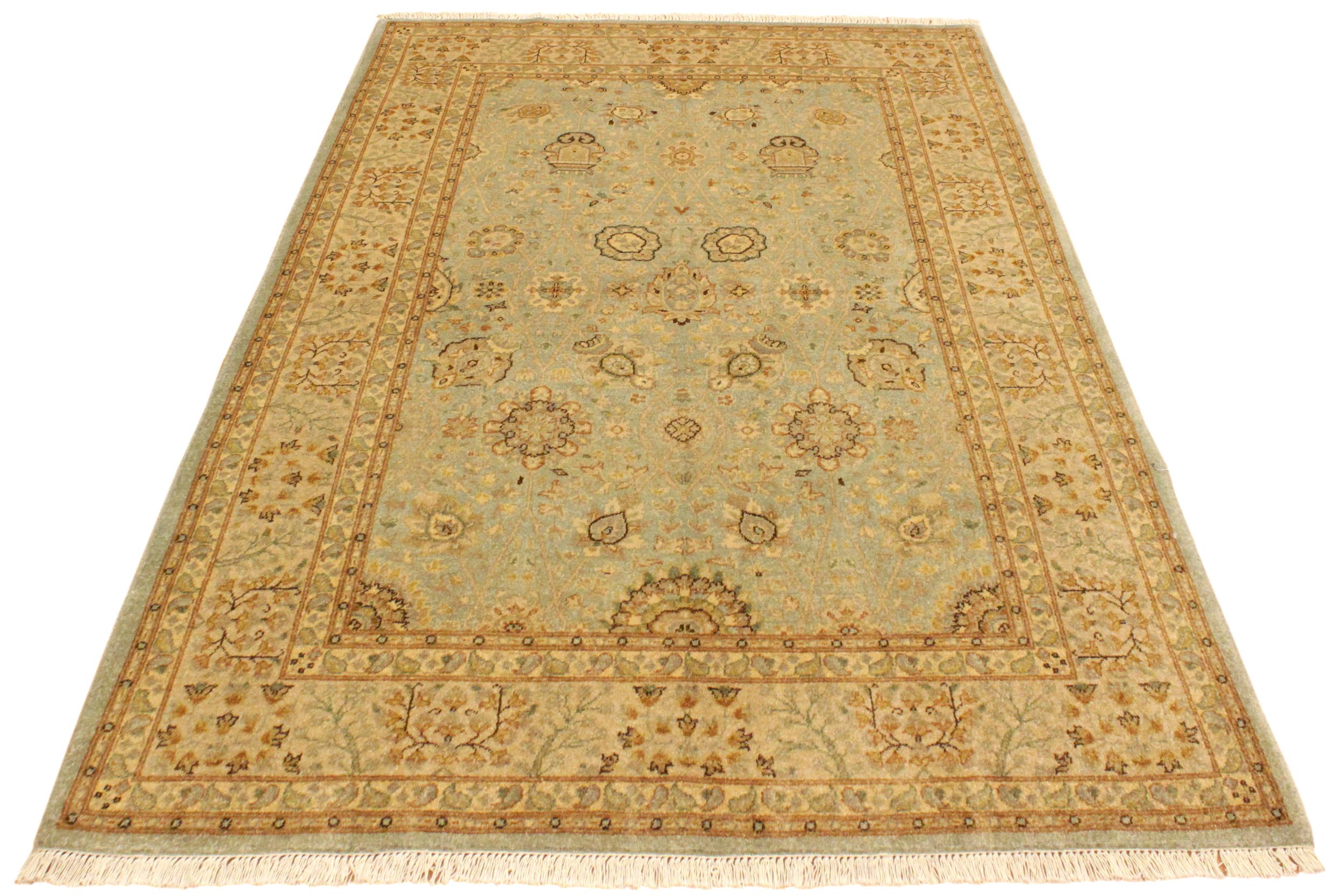 handmade Traditional Design Lt. Blue Gold Hand Knotted RECTANGLE 100% WOOL area rug 4' x 6'