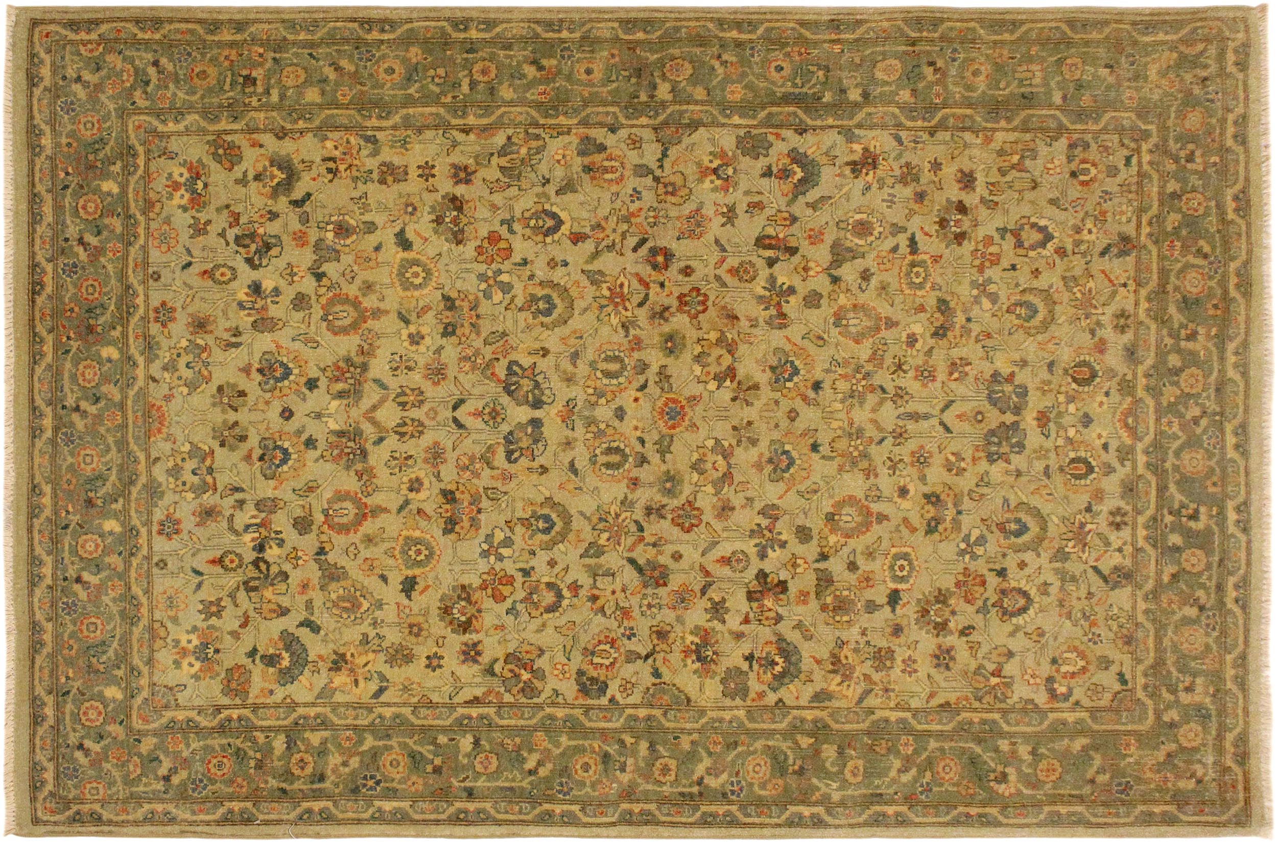 handmade Traditional Design Tan Green Hand Knotted RECTANGLE 100% WOOL area rug 4' x 6'
