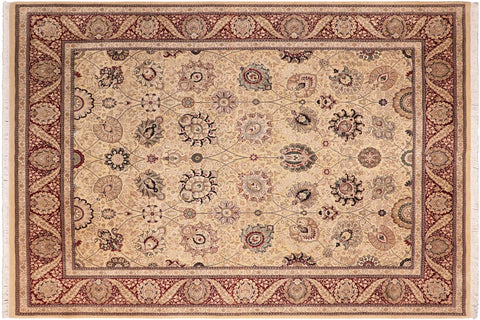 handmade Traditional Mubashar Beige Red Hand Knotted RECTANGLE 100% WOOL area rug 8x10
