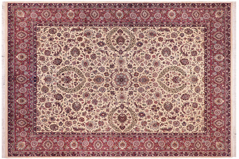 handmade Traditional Dabir Ivory Aubergine Hand Knotted RECTANGLE 100% WOOL area rug 9x13
