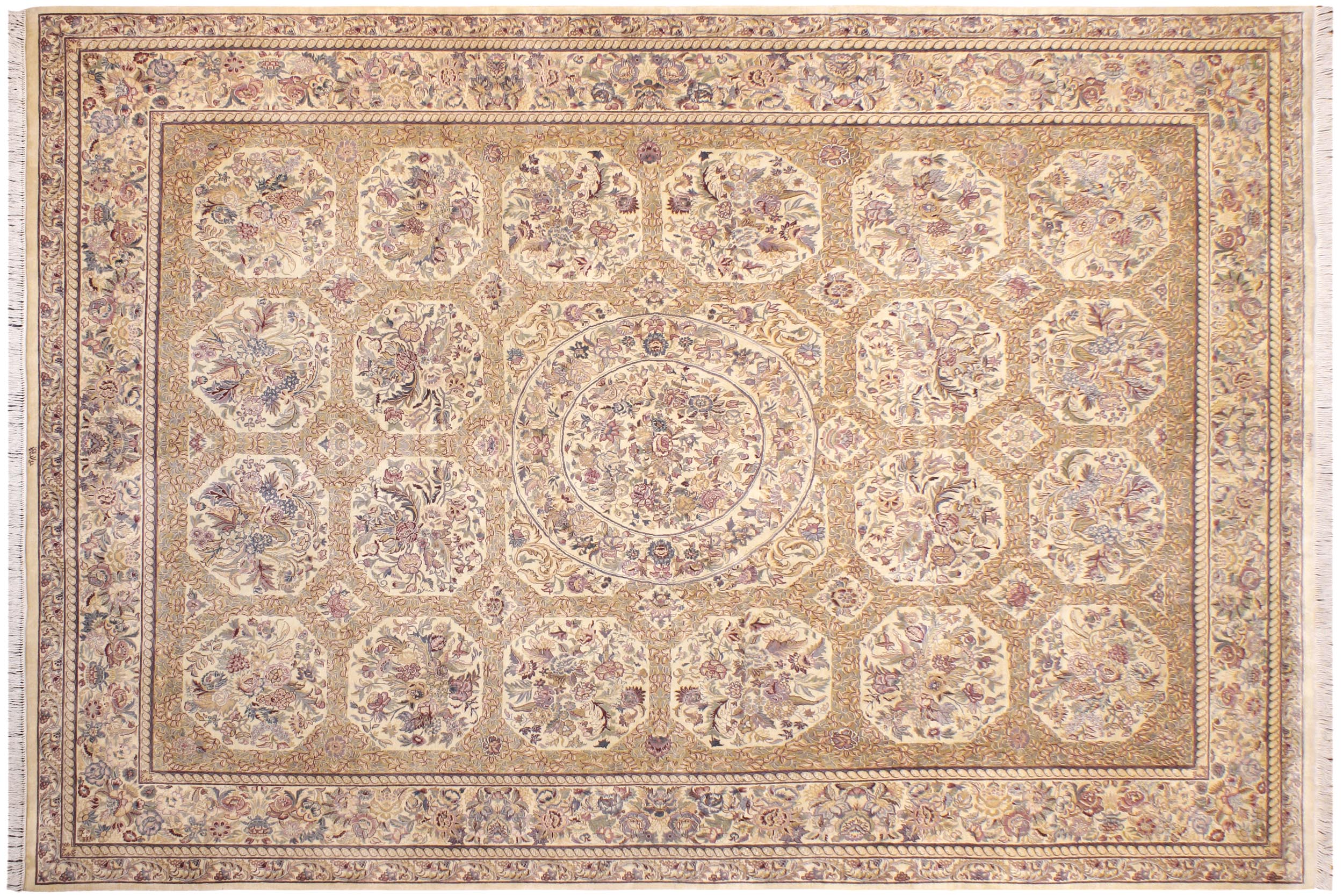 handmade Traditional Nazakat Beige Gold Hand Knotted RECTANGLE 100% WOOL area rug 9x12