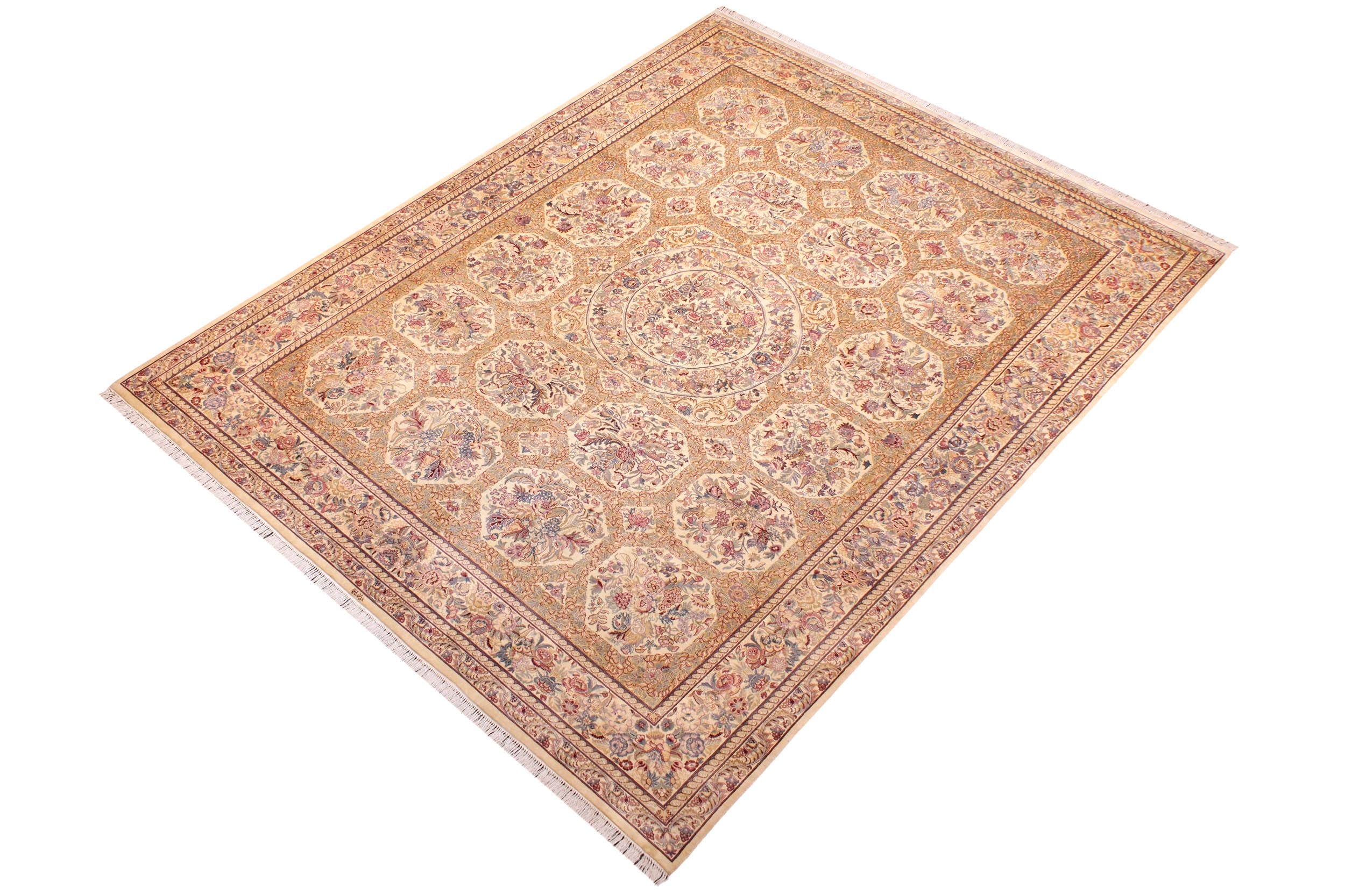 handmade Traditional Nazakat Beige Gold Hand Knotted RECTANGLE 100% WOOL area rug 9x12