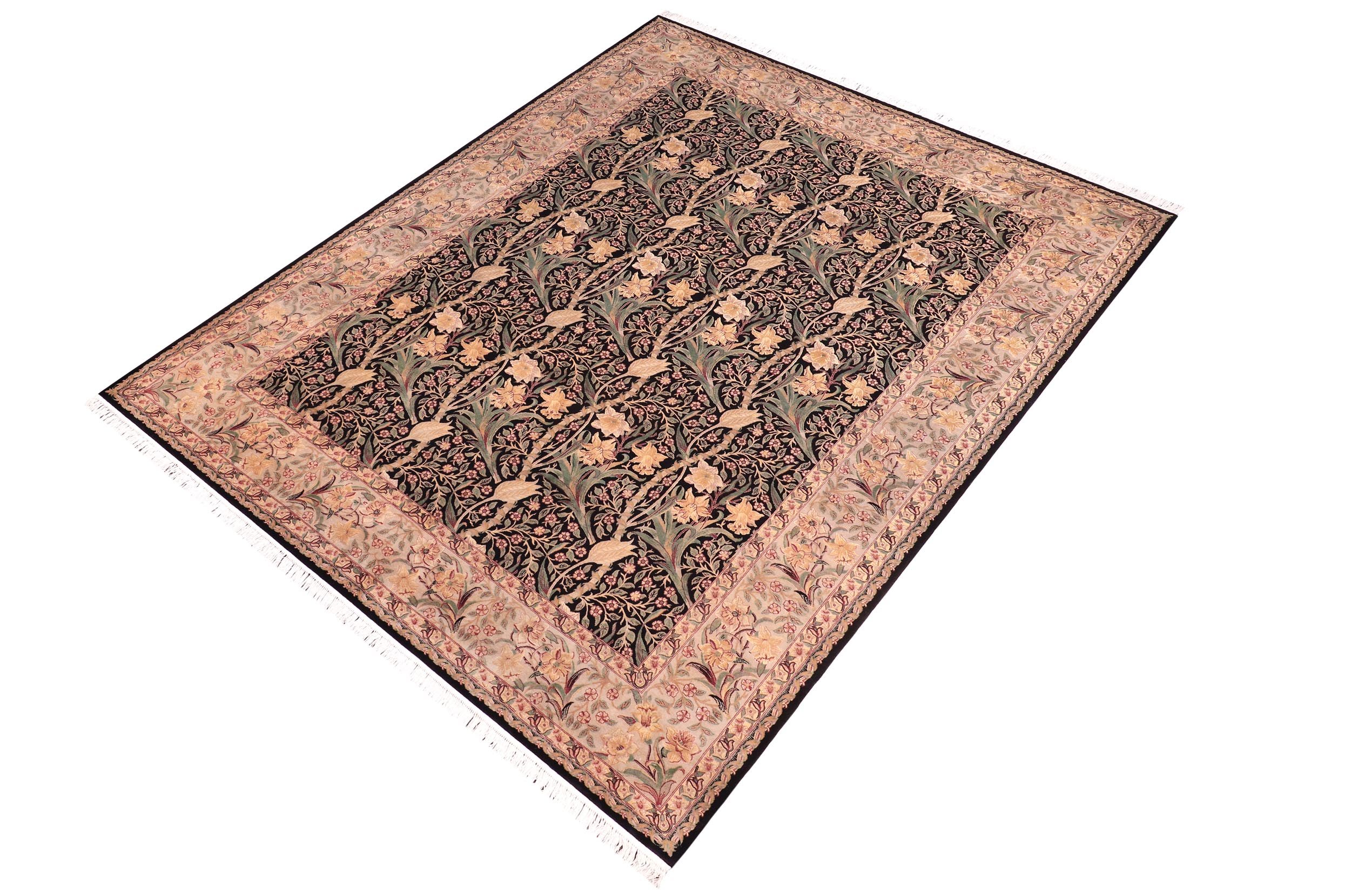handmade Transitional Dafodils Black Taupe Hand Knotted RECTANGLE 100% WOOL area rug 9x12