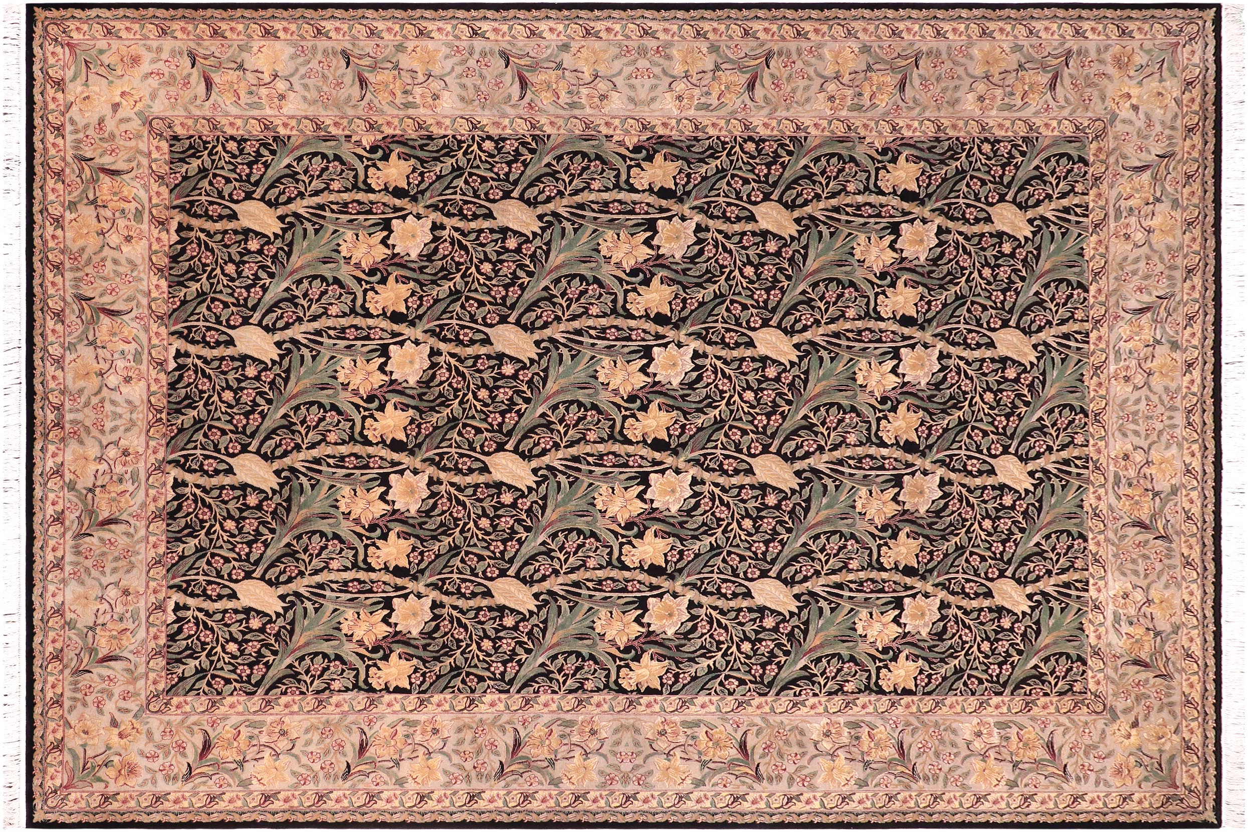 handmade Transitional Dafodils Black Taupe Hand Knotted RECTANGLE 100% WOOL area rug 9x12