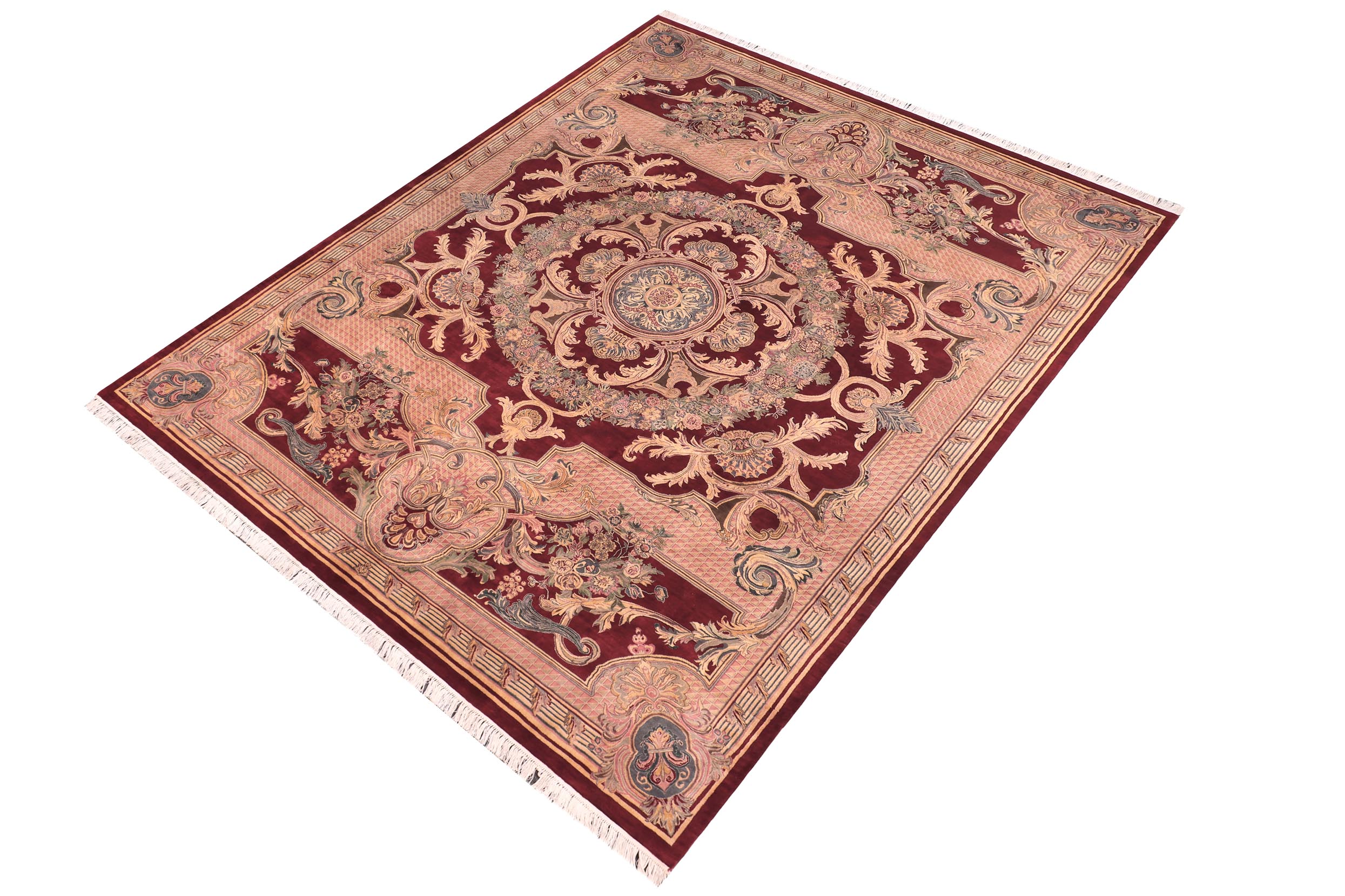 handmade Traditional Savonarrie Red Pink Hand Knotted RECTANGLE 100% WOOL area rug 9x12