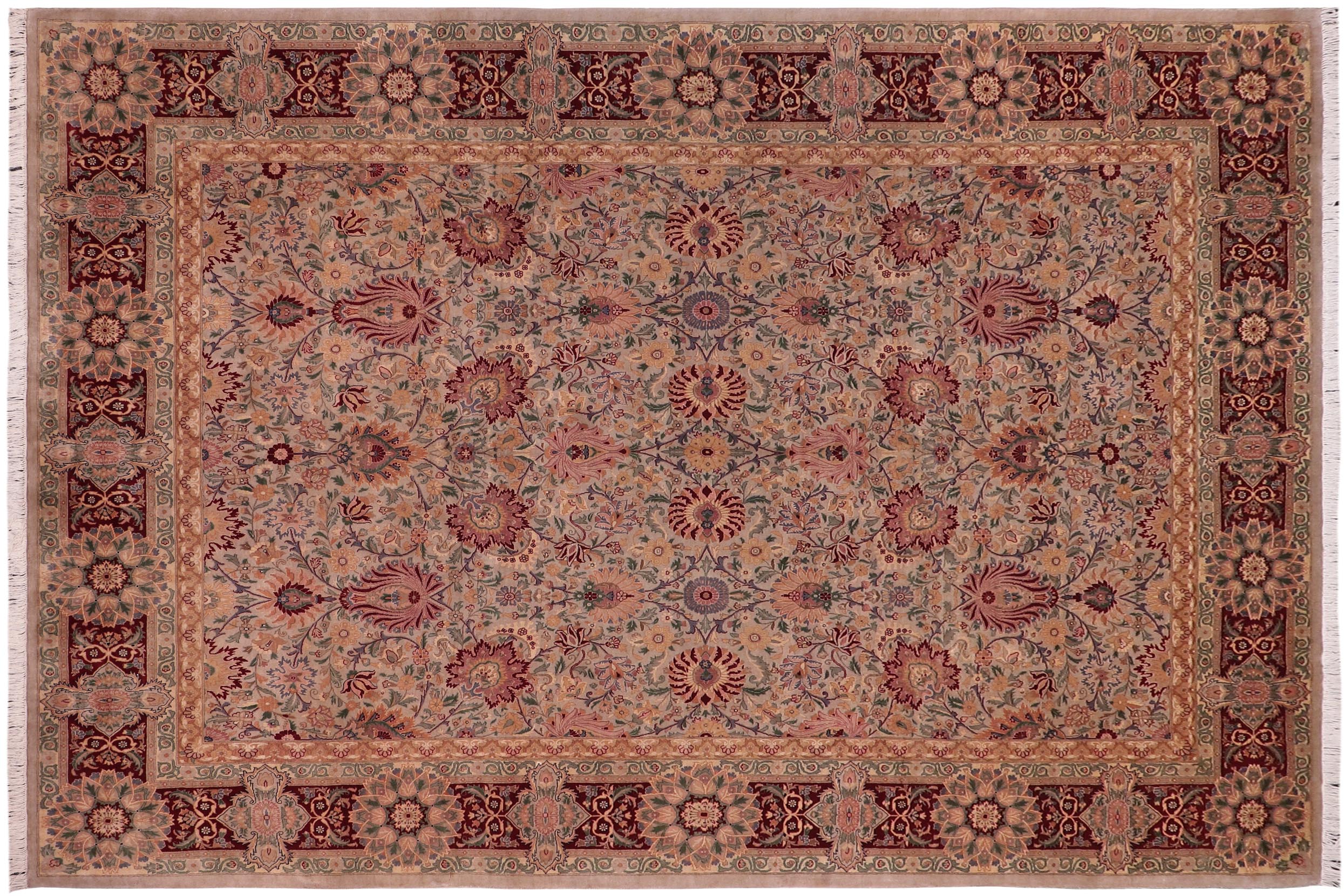 handmade Traditional Lahore Taupe Maroon Hand Knotted RECTANGLE 100% WOOL area rug 9x13
