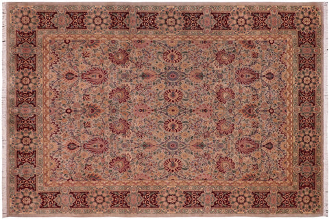 handmade Traditional Lahore Taupe Maroon Hand Knotted RECTANGLE 100% WOOL area rug 9x13